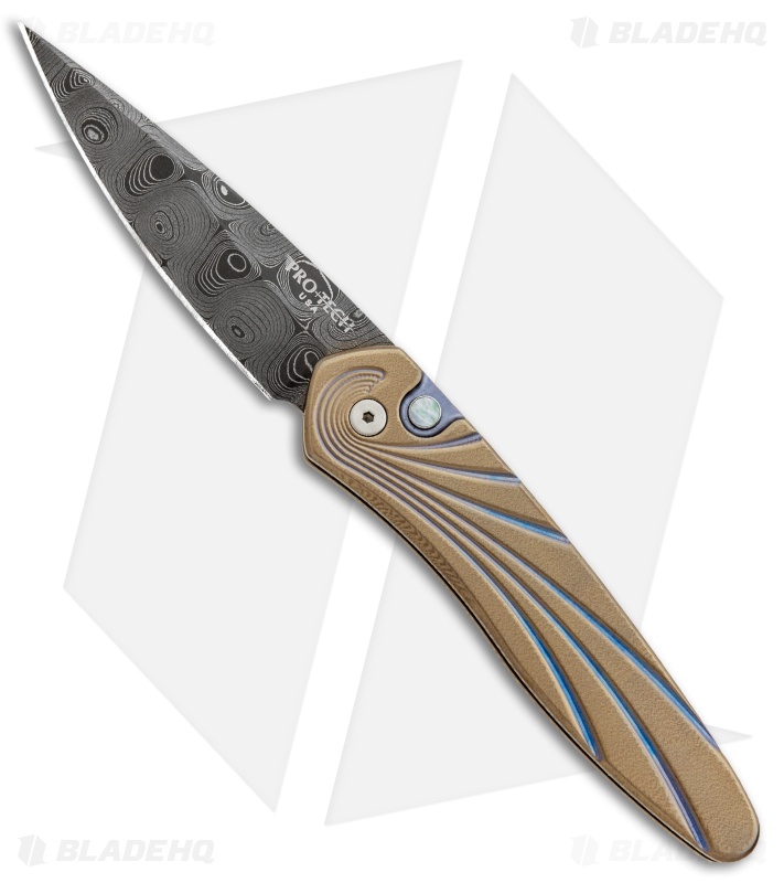 Pro-Tech Custom Newport Automatic Knife Sculpted Wave Ti (3" Damascus) 3450-DM