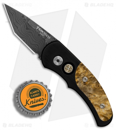 Pro-Tech Custom Runt J4 Tanto Automatic Knife Box Elder Burl (1.9" Damascus)