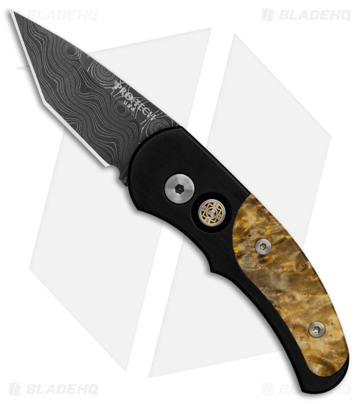 Pro-Tech Custom Runt J4 Tanto Automatic Knife Box Elder Burl (1.9