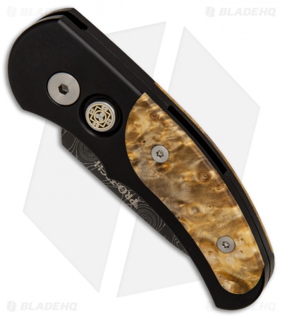 Pro-Tech Custom Runt J4 Tanto Automatic Knife Box Elder Burl (1.9" Damascus)