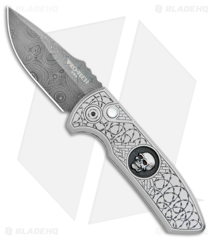 Pro-Tech SBR Steel Custom Automatic Knife Shaw Skull/Barbed Wire (2.6" Damascus)