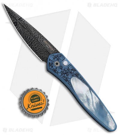 Pro-Tech  Ultimate Custom Newport Knife Blue Ti w/ Gold Lip Pearl (3" Damascus)