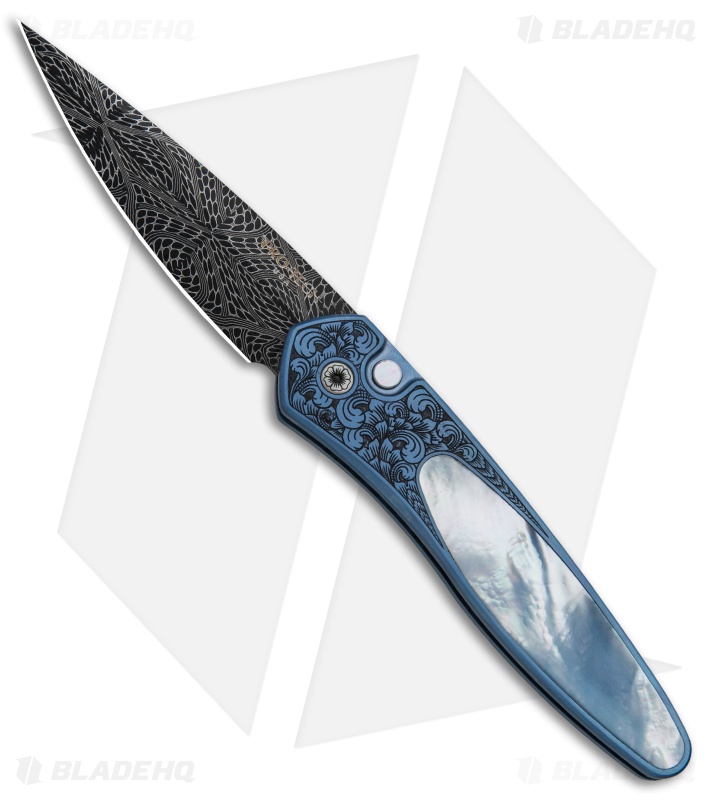 Pro-Tech Ultimate Custom Newport Knife Blue Ti w/ Gold Lip Pearl (3" Damascus)