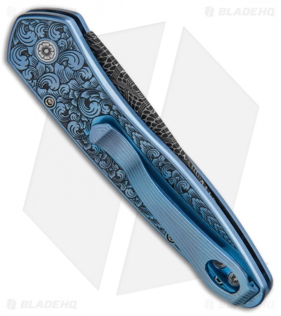 Pro-Tech  Ultimate Custom Newport Knife Blue Ti w/ Gold Lip Pearl (3" Damascus)