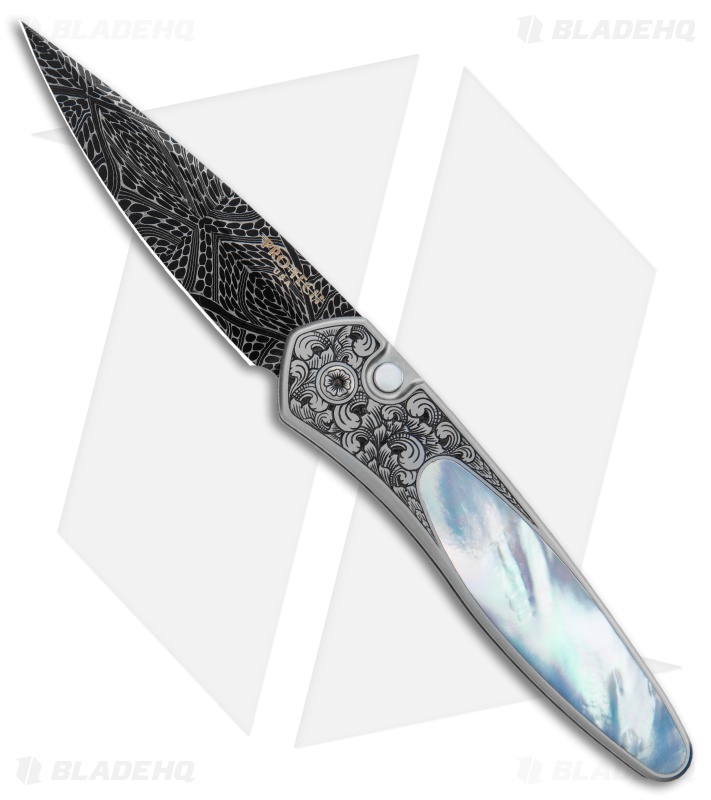 Pro-Tech Ultimate Custom Newport Knife MOP/Steel Shaw Engraving (3" Damascus)