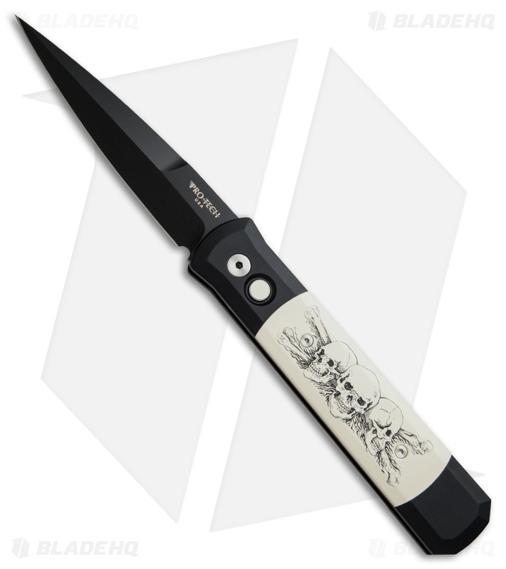 Protech Godfather Custom Karst Skull Scrimshaw Automatic Knife (4" Black) 931