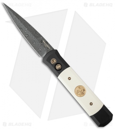 Pro-Tech Godfather Tuxedo Gold Automatic Knife Ivory Micarta (4" Damascus)