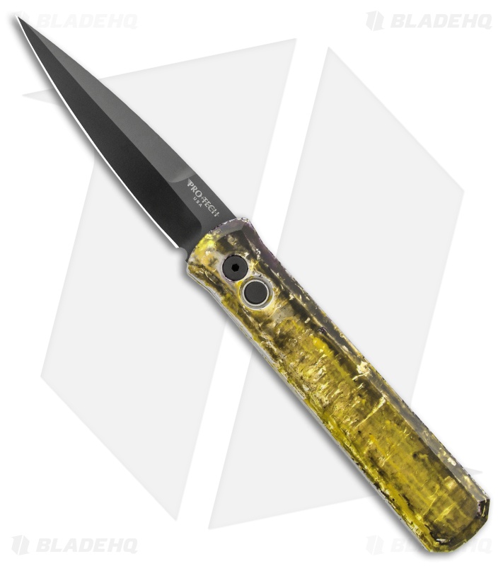 Pro-Tech Godfather Automatic Spear Point Knife Yellow Ink Splatter (4" Black)