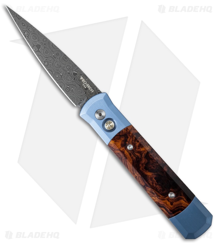 Pro-Tech Godfather Custom Automatic Knife Blued Titanium/Ironwood (Damascus)