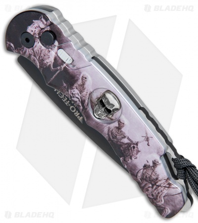 Pro-Tech TR-4 Skull Custom Automatic Knife  Four Horsemen Scene (4" Black)