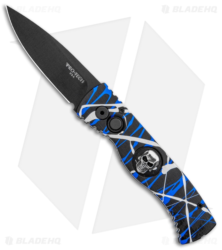 Pro-Tech Custom TR-2 Blue Splash Skull Automatic Knife Aluminum (3" Black)