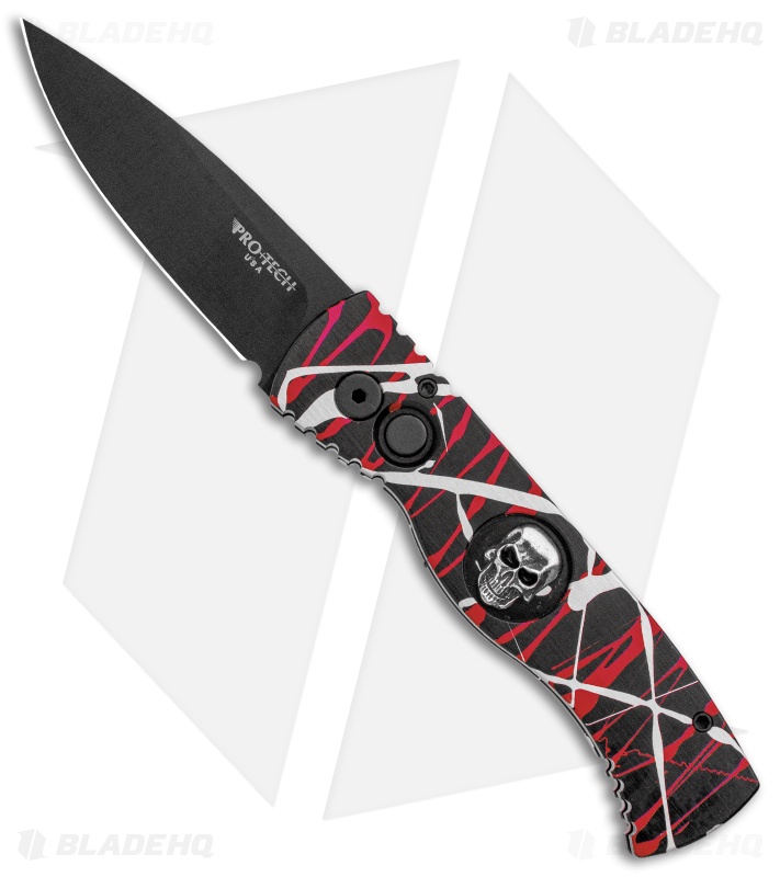 Pro-Tech Custom TR-2 Red Splash Skull Automatic Knife Aluminum (3" Black)