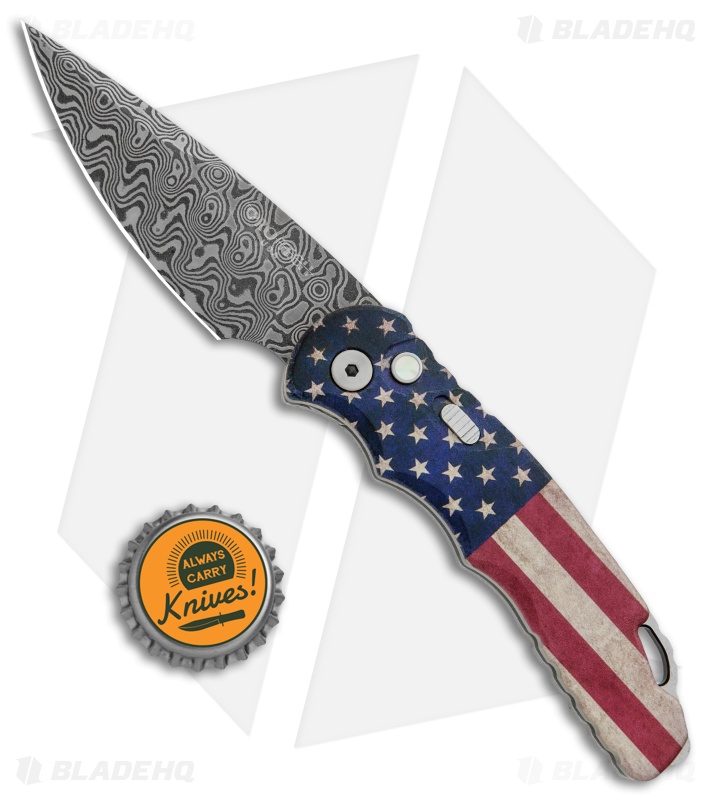 Pro-Tech TR-5 Automatic Knife | Custom PK Vintage USA Flag | Damascus