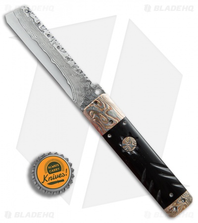 Brandon Vallotton Custom Prestige Automatic Knife Buffalo Horn/Mokume (Damascus)