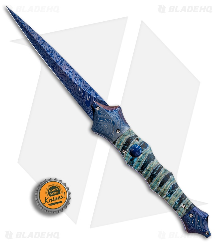 Rainy Vallotton Custom Saber Automatic Knife Blue/Green Molar (Damascus)