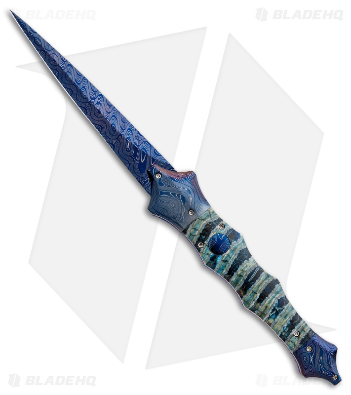 Rainy Vallotton Custom Saber Automatic Knife Blue/Green Molar (Damascus)