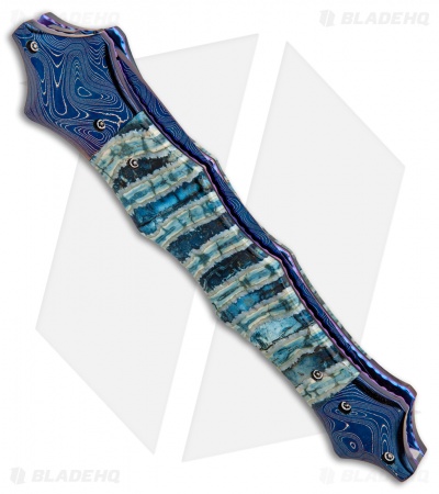 Rainy Vallotton Custom Saber Automatic Knife Blue/Green Molar (Damascus)