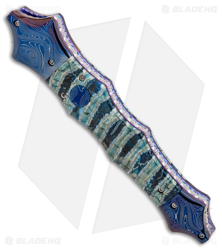 Rainy Vallotton Custom Saber Automatic Knife Blue/Green Molar (Damascus)