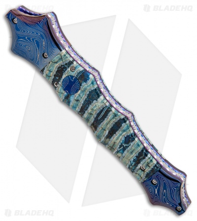 Rainy Vallotton Custom Saber Automatic Knife Blue/Green Molar (Damascus)