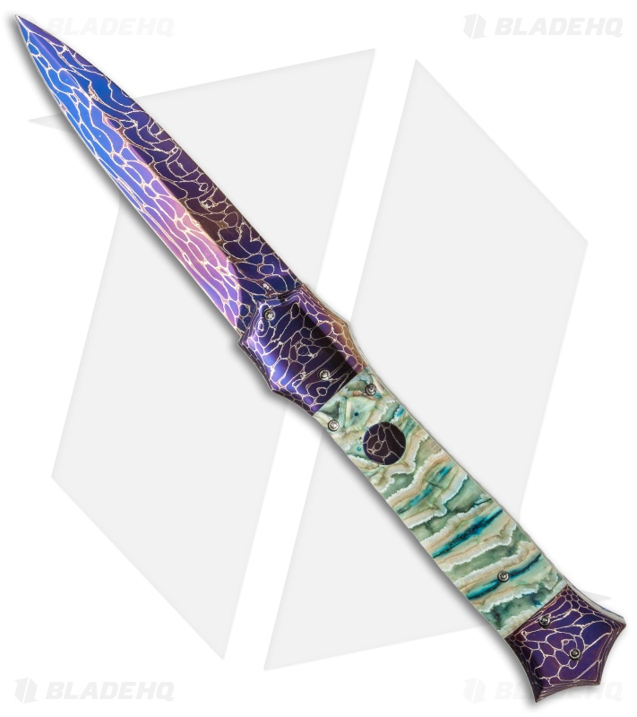 Rainy Vallotton Custom Shiv Automatic Knife Green Molar (Damascus)