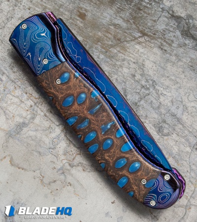 Rainy Vallotton Custom Titan Automatic Knife Blue Resin Burl (4" Damascus)