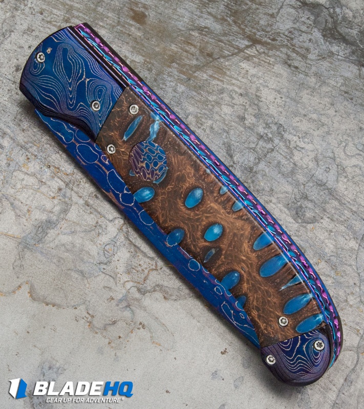 Rainy Vallotton Custom Titan Automatic Knife Blue Resin Burl (4" Damascus)