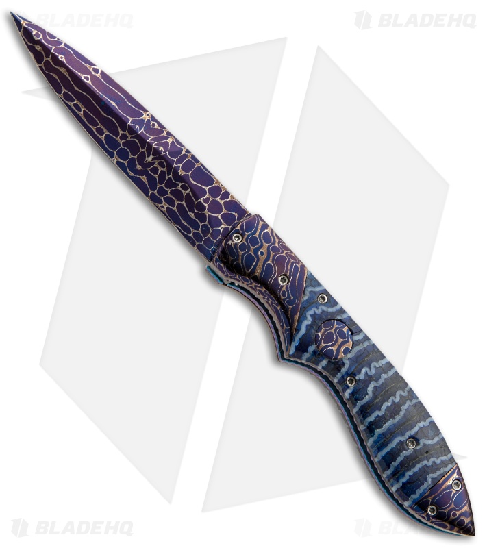 Rainy Vallotton Custom Wasp Automatic Knife Blue Molar (Damascus)