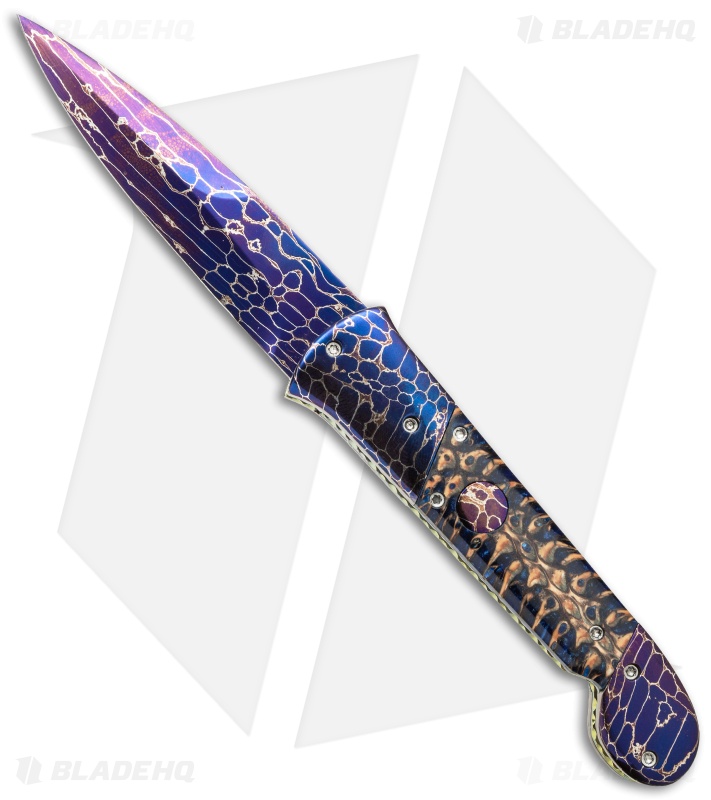 Rainy Vallotton Custom Gamblerette Automatic Knife Blue Spruce Cone (Damascus)