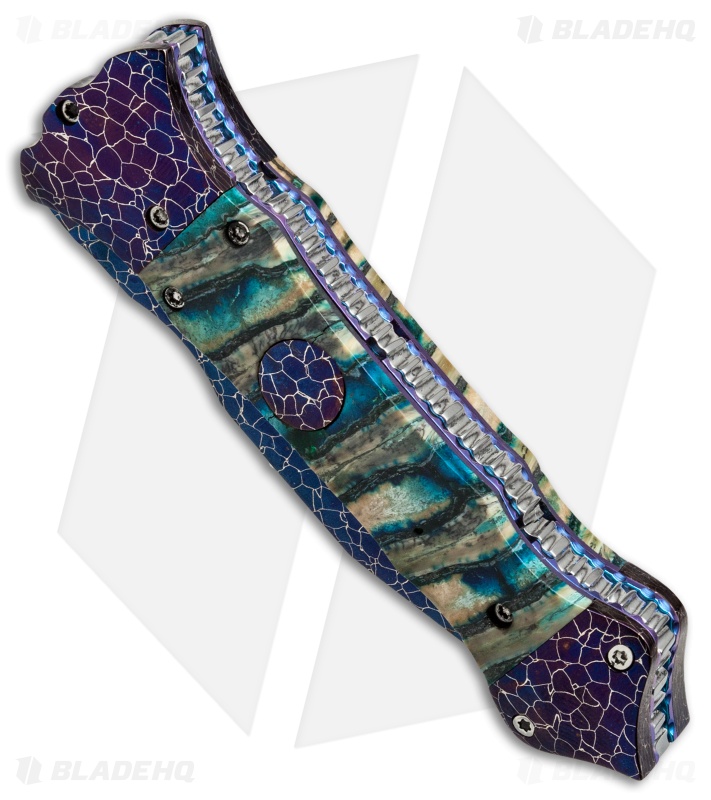 Cory Vallotton Custom Mini Eos Automatic Knife Green Mammoth Molar (Damascus)