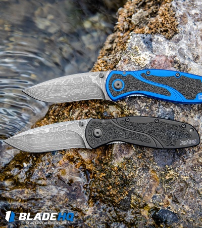 Kershaw Blur Assisted Opening Knife Blue Aluminum (3.375" Damascus) 1670NBDAM