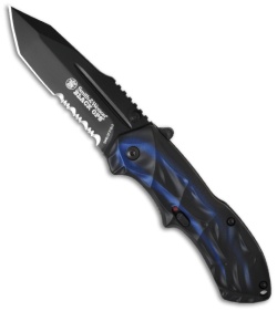 Smith & Wesson Knives Black Ops Smoked Blue Tanto Knife (3.35" Serr) SWBLOP3TBLS