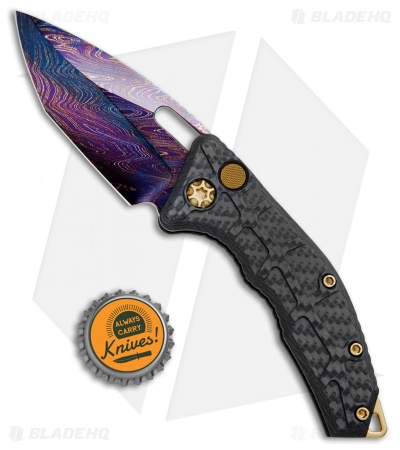 Heretic Knives Martyr Automatic Knife CF w/ Gold TiN HW (3" Blued Damascus)