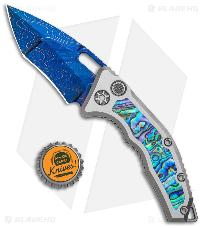 Heretic Knives Medusa Tanto Automatic Knife Ti/Abalone Blued (3" Dama/Recurve)