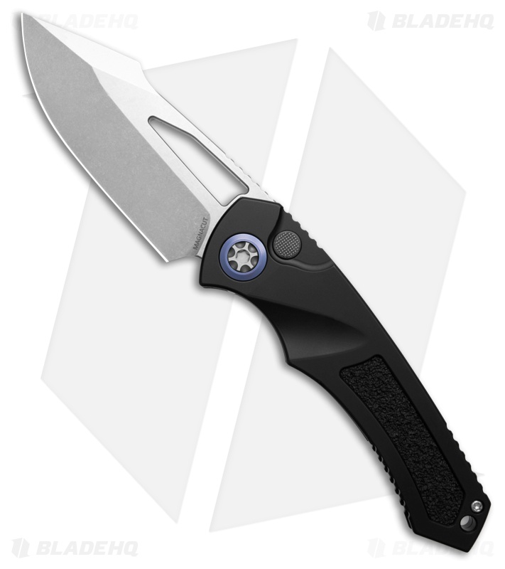 Heretic Knives Pariah MagnaCut Button Lock Knife Black Aluminum (3.8" Stonewash)