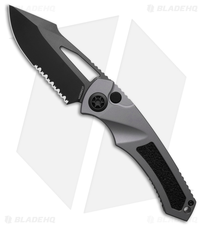 Heretic Knives Pariah MagnaCut Button Lock Knife Gray/Black Al (3.8" DLC Serr)