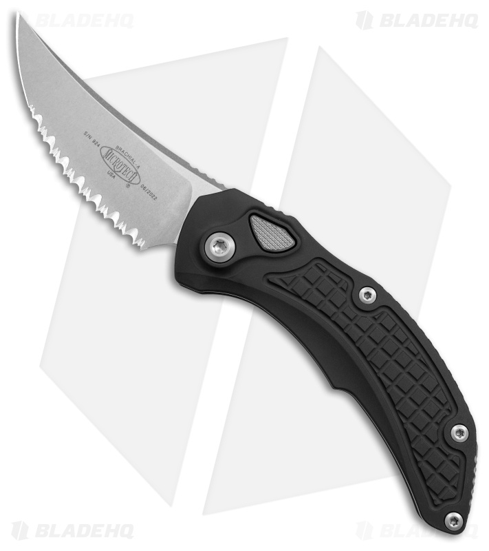 Microtech Brachial Automatic Knife Black Aluminum (3.25" Serrated Stonewash)