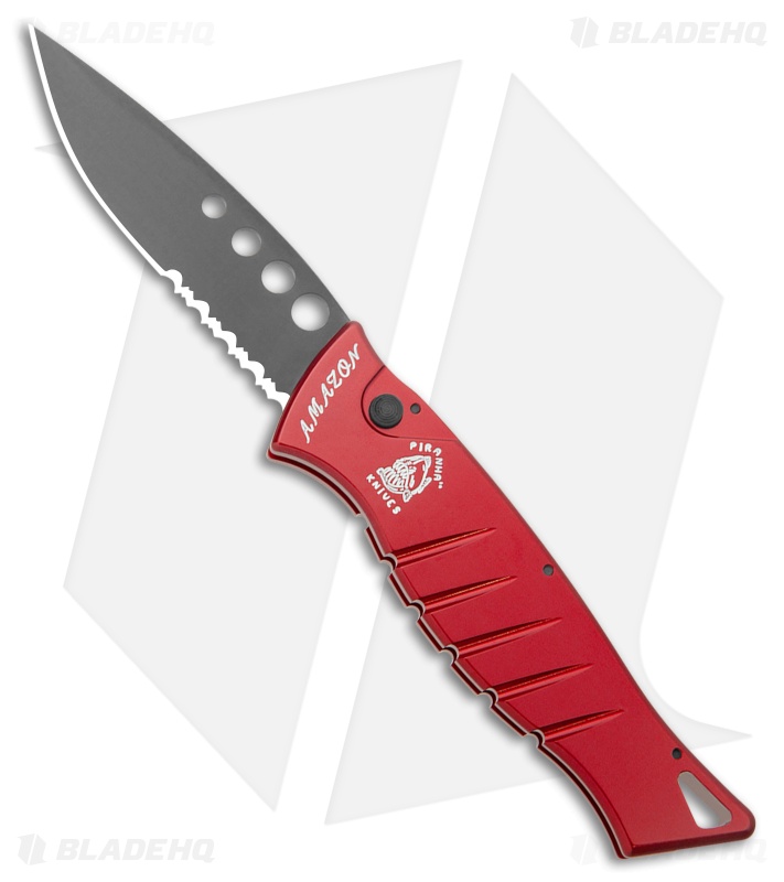 Piranha Amazon Automatic Knife Red Tactical (3.45" Black Serr)