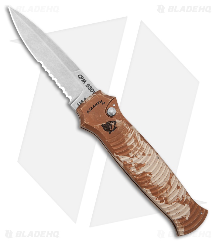 Piranha Bodyguard Automatic Knife Desert Camo (3.3" Stonewash Serr)