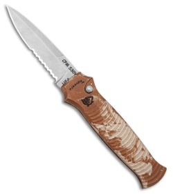 Piranha Bodyguard Automatic Knife Desert Camo (3.3" Stonewash Serr)