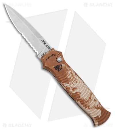 Piranha Bodyguard Automatic Knife Desert Camo (3.3" Stonewash Serr)