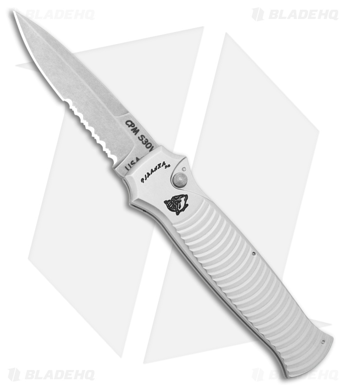 Piranha Bodyguard Automatic Knife Silver Aluminum (3.3" Stonewash Serr)