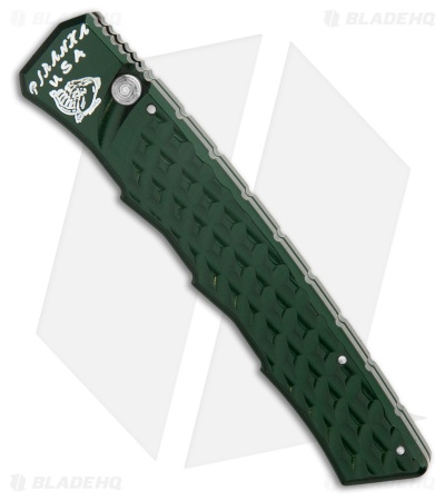 Piranha Crossfire Automatic Knife Green Aluminum (3.1" Mirror Serrated) P-23GS