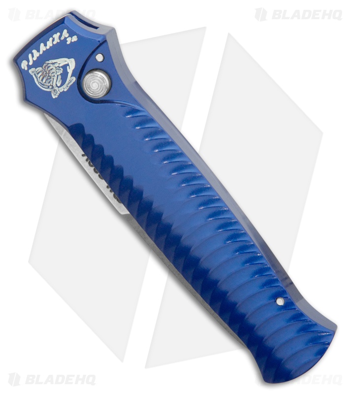 Piranha Mini-Guard Automatic Knife Blue Aluminum (2.9" Stonewash Serr)