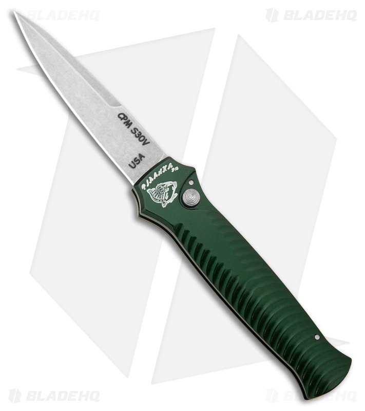 Piranha Mini-Guard Automatic Knife Green Aluminum (2.9" Stonewash Plain)