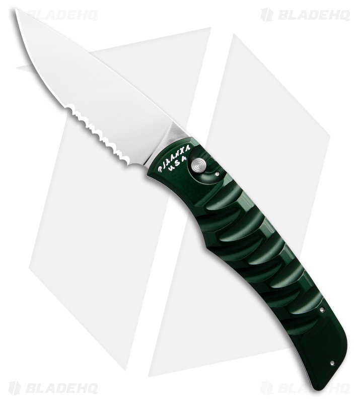 Piranha Paradox Automatic Knife Green Aluminum (3.1" Mirror Serrated) P-24GS