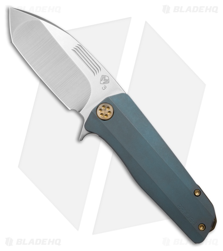 Medford Primus folding knife with tumbled blue titanium handle, bronze hardware and tumbled tanto blade