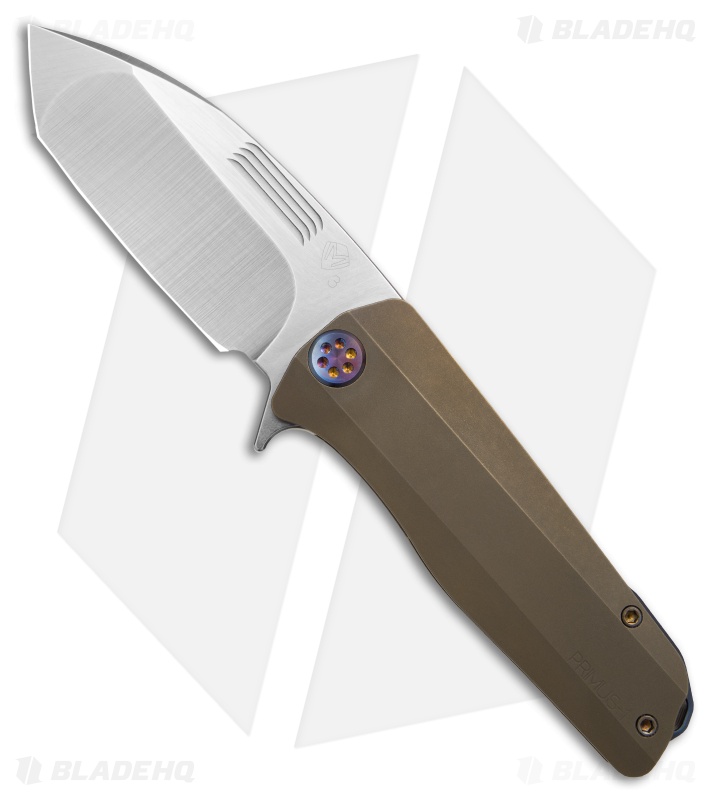 Medford Primus folding knife with tumbled bronze titanium handle, flamed hardware and tumbled tanto blade