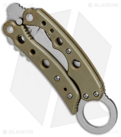 Mantis Vuja De Balisong Karambit Crossover Knife Desert Tan G-10 (2" Satin)