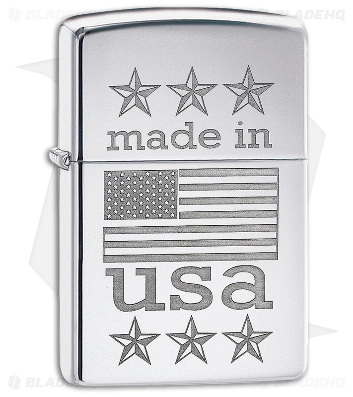Zippo Lighter Made in USA w/ Flag (High Polished Chrome) 12325 Blade HQ