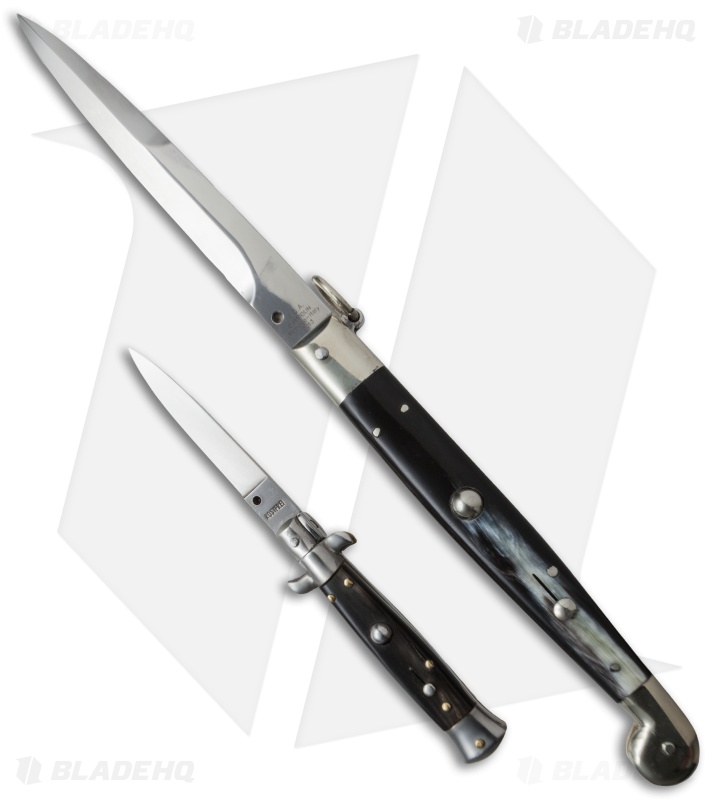 AGA Campolin 12" Sicilian Ring Pull Automatic Knife Dark Horn (5.5" Satin Bayo)
